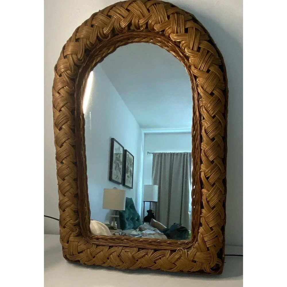 Vtg 80s Pier 1 Imports Rattan Boho Braided Arched Wall Mirror 2 tone wicker.